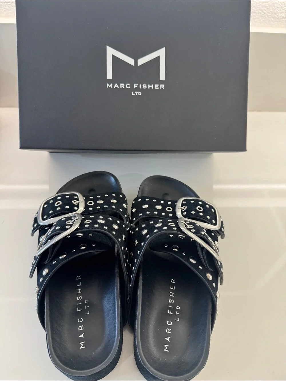 Marc Fisher Black Studded Double-Buckle Slide Sandals